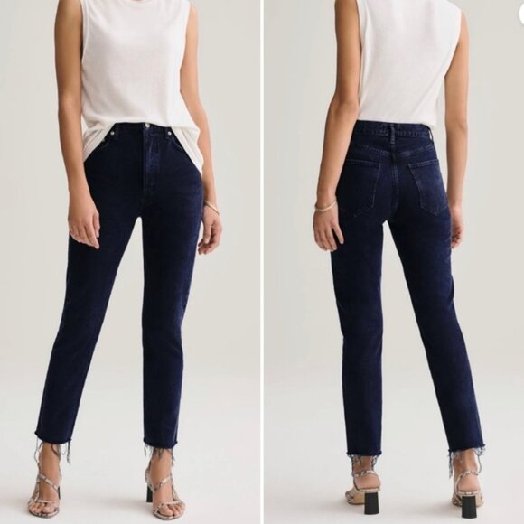 Agolde Remy High Waist Straight Leg Raw Hem Denim Jeans Dark Indigo Blue Size 27 - Picture 1 of 9